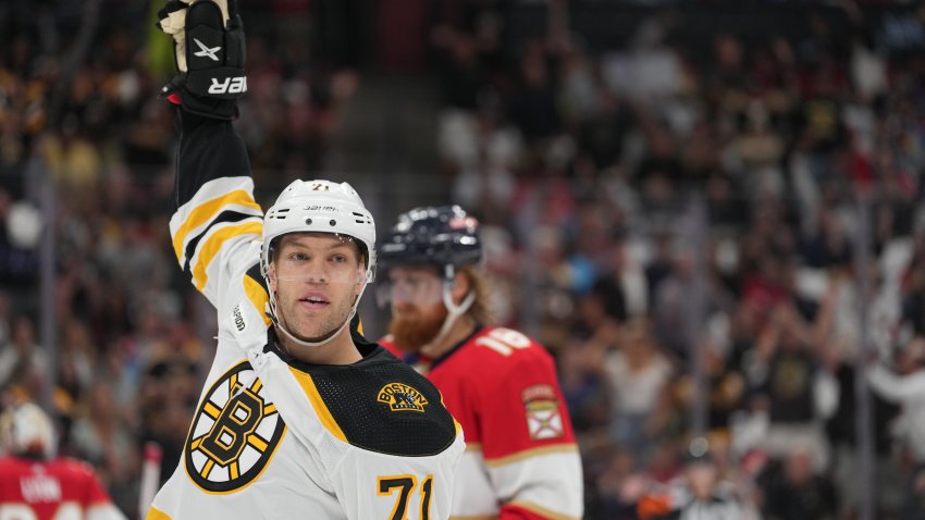 Boston Bruins left wing Taylor Hall (71) celebrates after his goal in the first period during game three of  the first round of the Eastern Conference Playoffs between the Boston Bruins and the Florida Panthers on Friday, April 21, 2023 at FLA Live Arena in Sunrise, Fla.