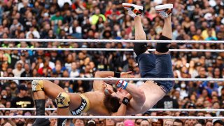 Austin Theory and John Cena wrestle for the United States Championship during WrestleMania Goes Hollywood at SoFi Stadium in Inglewood, California, on April 1, 2023.