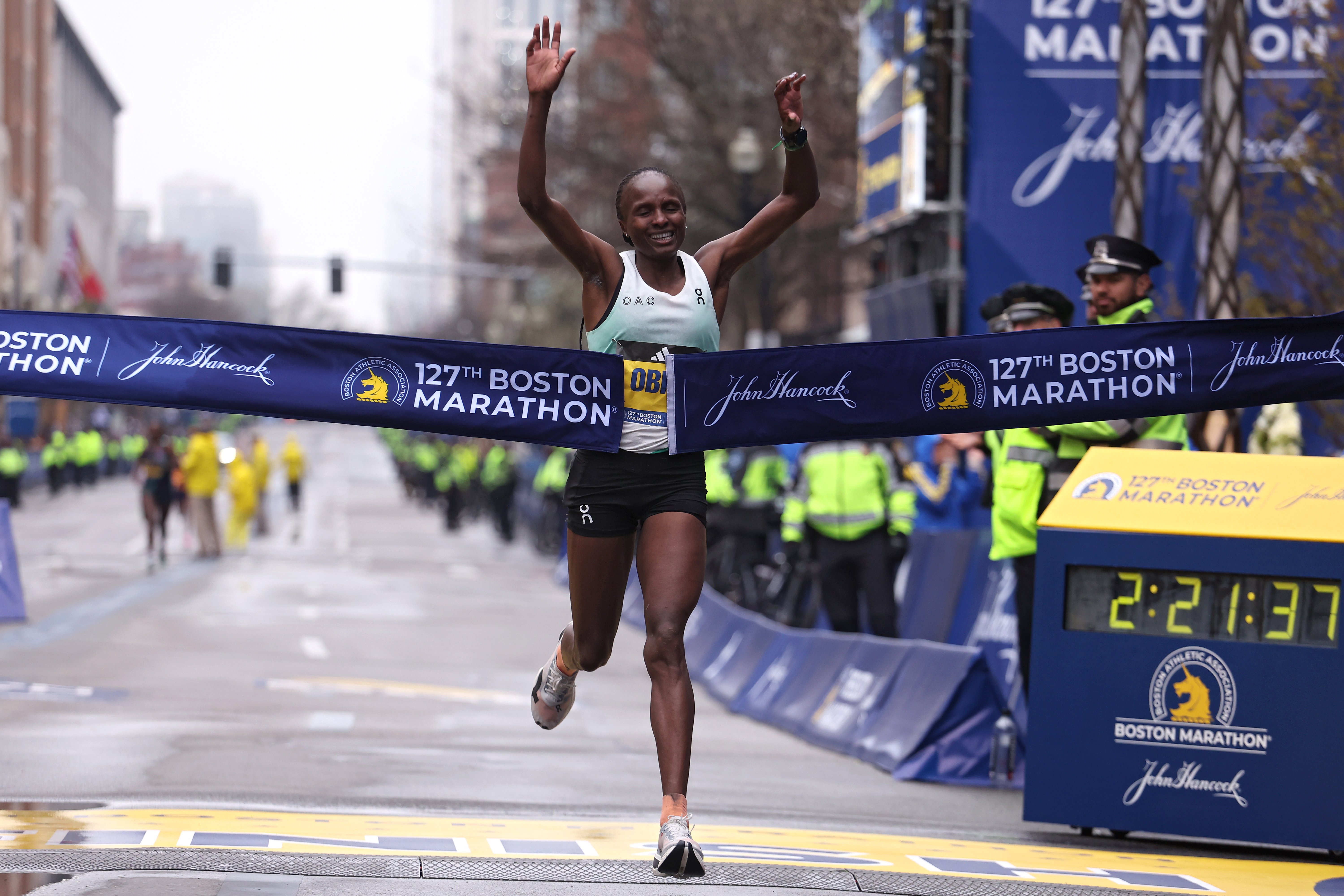 Hellen Obiri of Kenya takes first place in the Women’s Division during the 127th Boston Marathon, April 17, 2023, in Boston, Massachusetts. (Maddie Meyer/Getty Images)