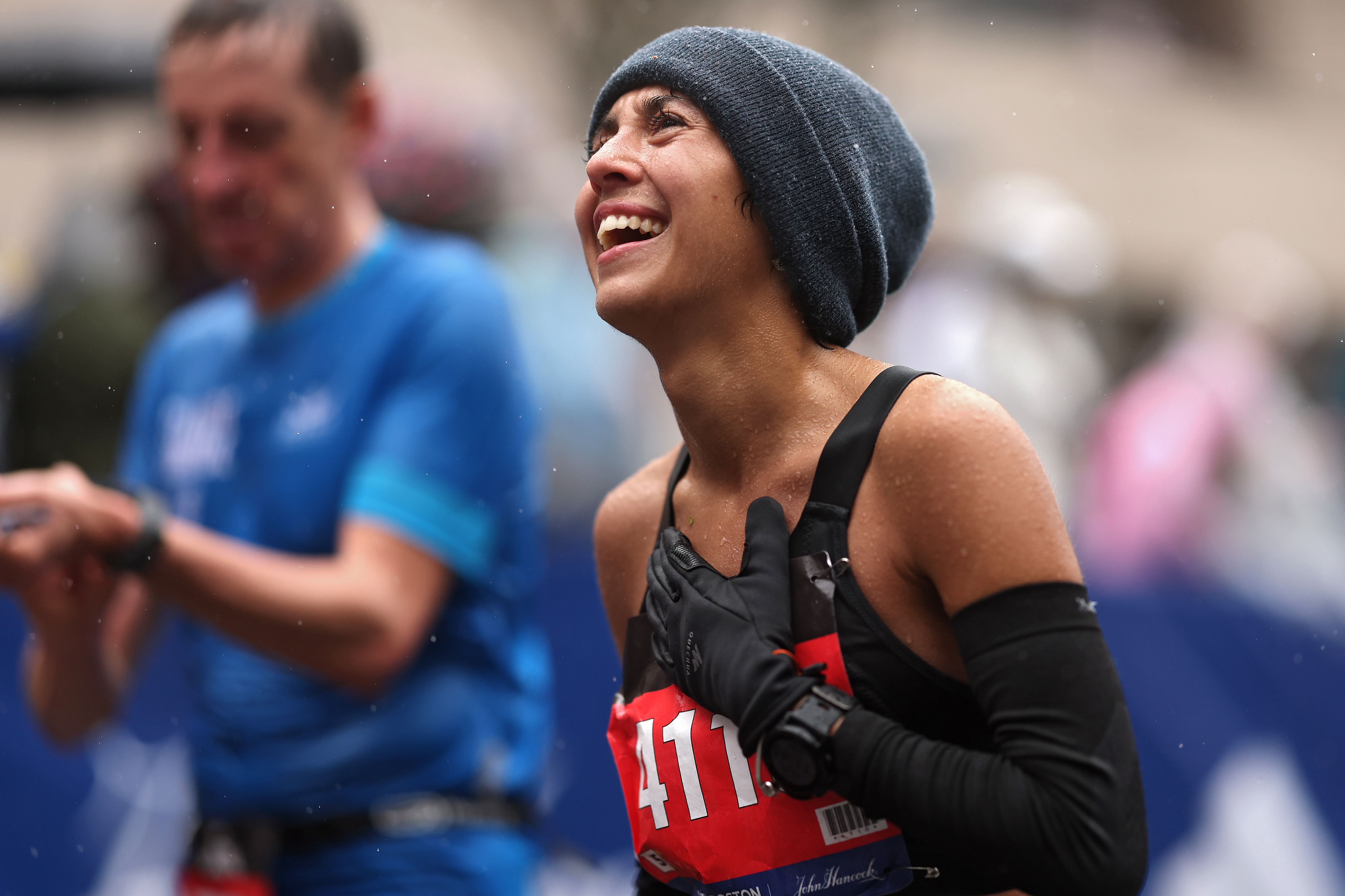 BOSTON, MASSACHUSETTS – APRIL 17: Georgina Ortega Vera celebrates after crossing the finish line during the 127th Boston Marathon on April 17, 2023 in Boston, Massachusetts. (Photo by Maddie Meyer/Getty Images)