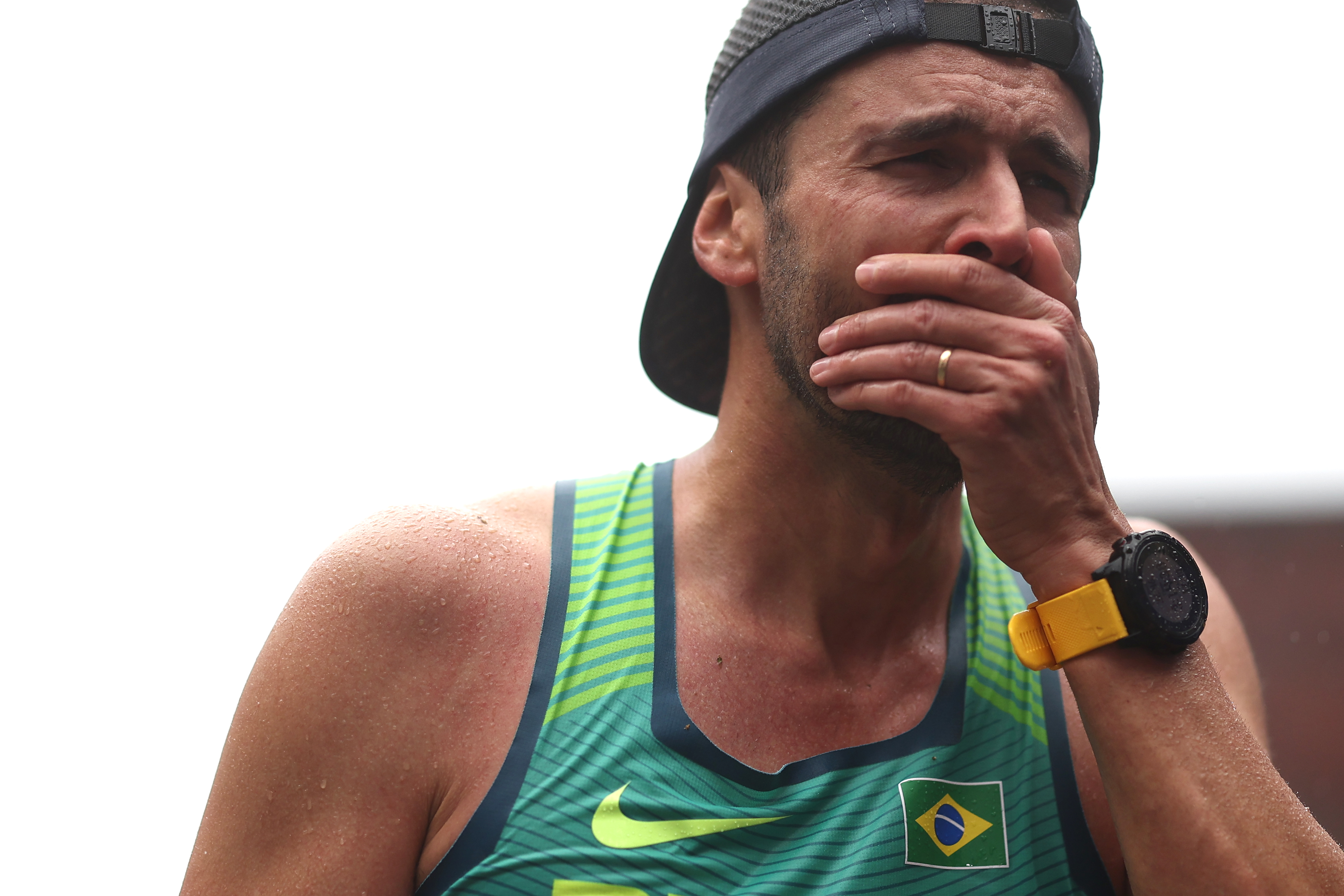 BOSTON, MASSACHUSETTS – APRIL 17: Waldemar Brigido Jr., celebrates after crossing the finish line during the 127th Boston Marathon on April 17, 2023 in Boston, Massachusetts. (Photo by Maddie Meyer/Getty Images)