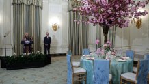 WASHINGTON, DC - APRIL 24: U.S. first lady Jill Biden speaks as White House Social Secretary Carlos Elizondo listens at a media preview of the state dinner during Wednesday's visit by South Korean President Yoon Suk Yeol and his wife Kim Keon Hee in the State Dining Room of the White House on April 24, 2023 in Washington, DC. President Joe Biden will also hold a bilateral meeting and joint news conference with President Yoon during the state visit on Wednesday. (Photo by Alex Wong/Getty Images)