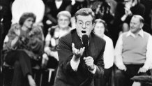 Ex-mayor/news anchorman/talk show host Jerry Springer yelling into mike & gesturing w. his hand while taping The Jerry Springer Show in front of an audience at the NBC studio.    (Photo by Steve Kagan/Getty Images)