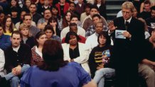 Talk show host Jerry Springer talks to a guest on The Jerry Springer Show. The show's topic was "I Am A Slave To My 600 lb. Wife." (Photo by © Ralf-Finn Hestoft/CORBIS/Corbis via Getty Images)