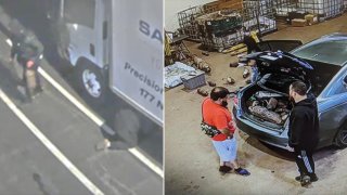 Stills from surveillance video that federal authorities allege shows members of a catalytic converter theft ring that was active in Massachusetts and New Hampshire.