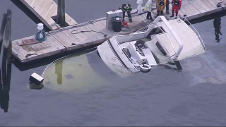 A sunken boat in Chelsea, Massachusetts, on Tuesday, April 4, 2023.