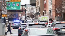 Traffic backed up in downtown Boston because of a truck getting stuck on an entrance to Interstate 93 south on Wednesday, April 5, 2023.
