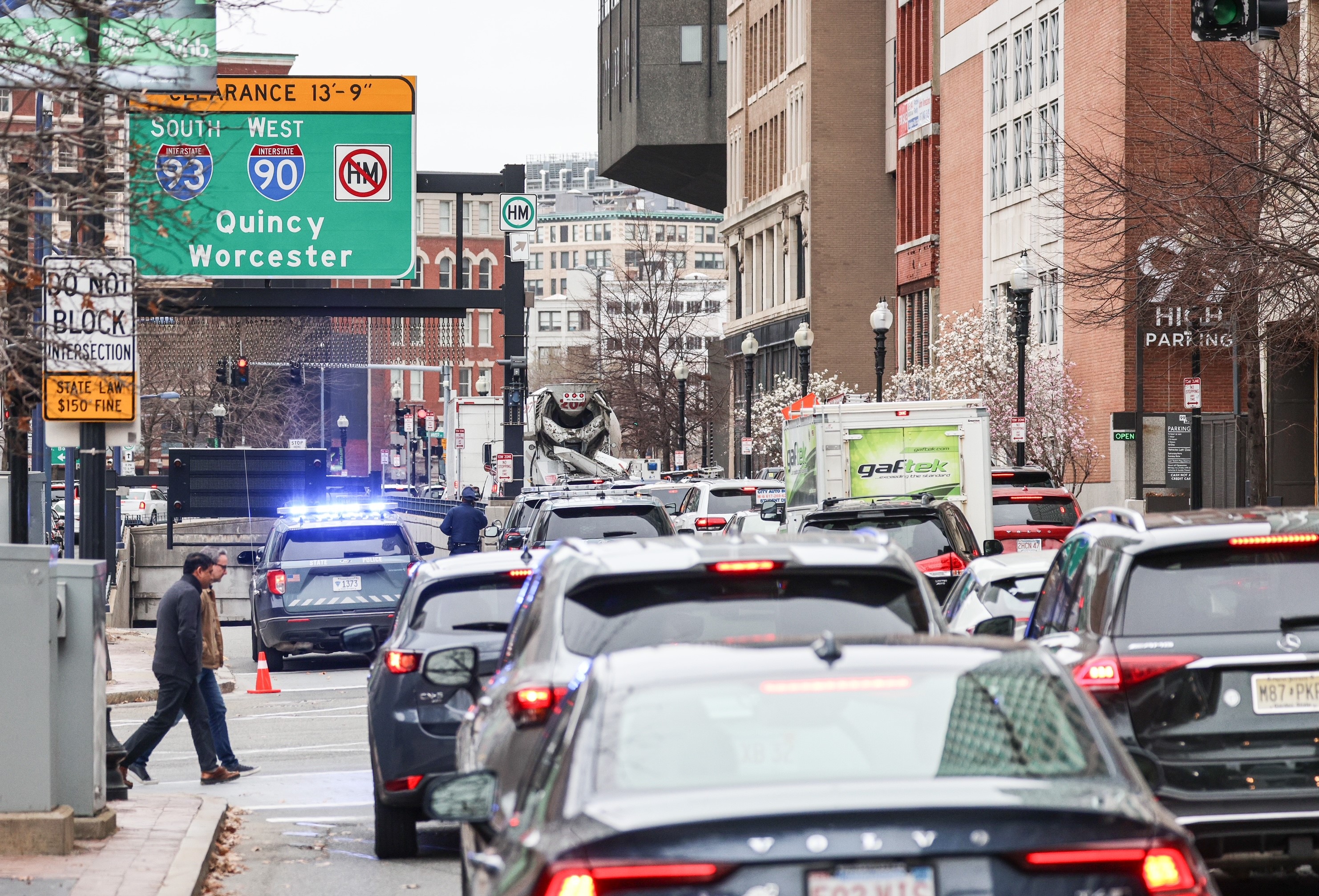 Traffic backed up in downtown Boston because of a truck getting stuck on an entrance to Interstate 93 south on Wednesday, April 5, 2023.