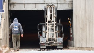 A truck stuck on an entrance to Interstate 93 south in Boston on Wednesday, April 5, 2023.
