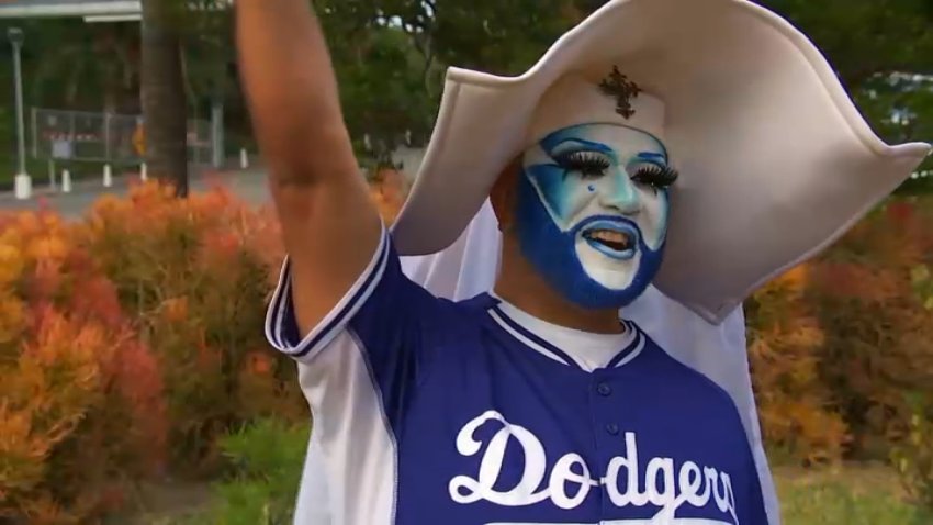 Albert Ontiveros dressed in Dodgers and nun garb.