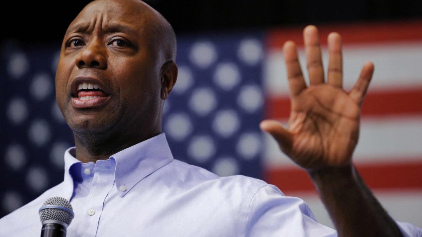 Likely Republican presidential candidate and U.S. Senator Tim Scott (R-SC) speaks at a campaign town hall meeting at the New Hampshire Institute of Politics at Saint Anselm College in Manchester, New Hampshire, U.S., May 8, 2023.