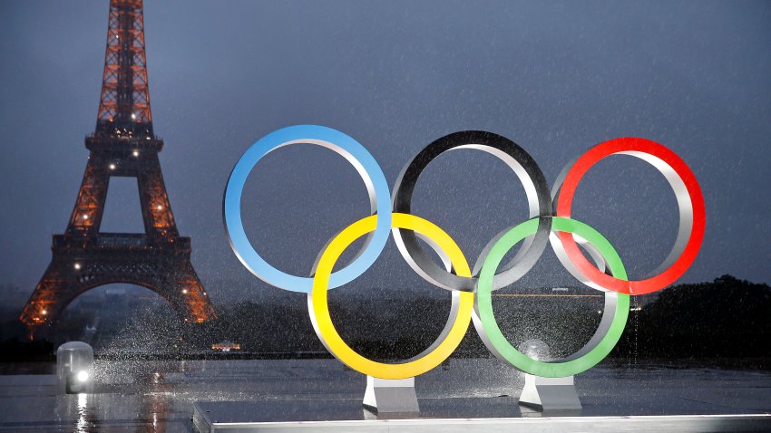 The unveiling of the Olympic rings on the esplanade of Trocadero in front of the Eiffel tower after the official announcement of the attribution of the Olympic Games 2024 to the city of Paris on Sept. 13, 2017 in Paris, France.