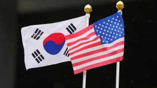 Flags of South Korea and the United States flutter outside of the National Museum of Korean Contemporary History in Seoul, South Korea, on April 25, 2023.