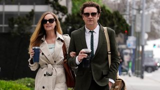 Danny Masterson and his wife Bijou Phillips arrive for closing arguments in his second rape trial, May 16, 2023, in Los Angeles.