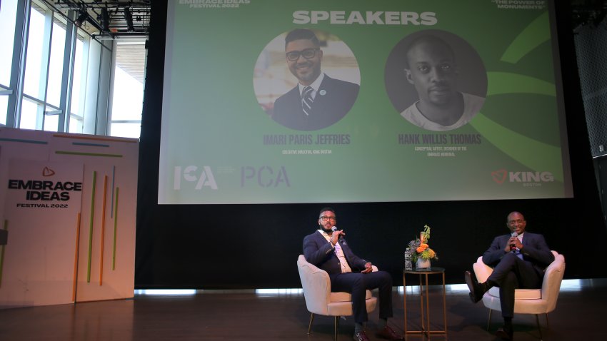 Boston, MA – June 15: Hank Willis Thomas, the artist who created “The Embrace,” the long awaited memorial to Coretta Scott and Martin Luther King Jr. spoke at the ICA Wednesday as part of The Embrace Ideas festival in Boston on June 14, 2022. (Photo by Lane Turner/The Boston Globe via Getty Images)