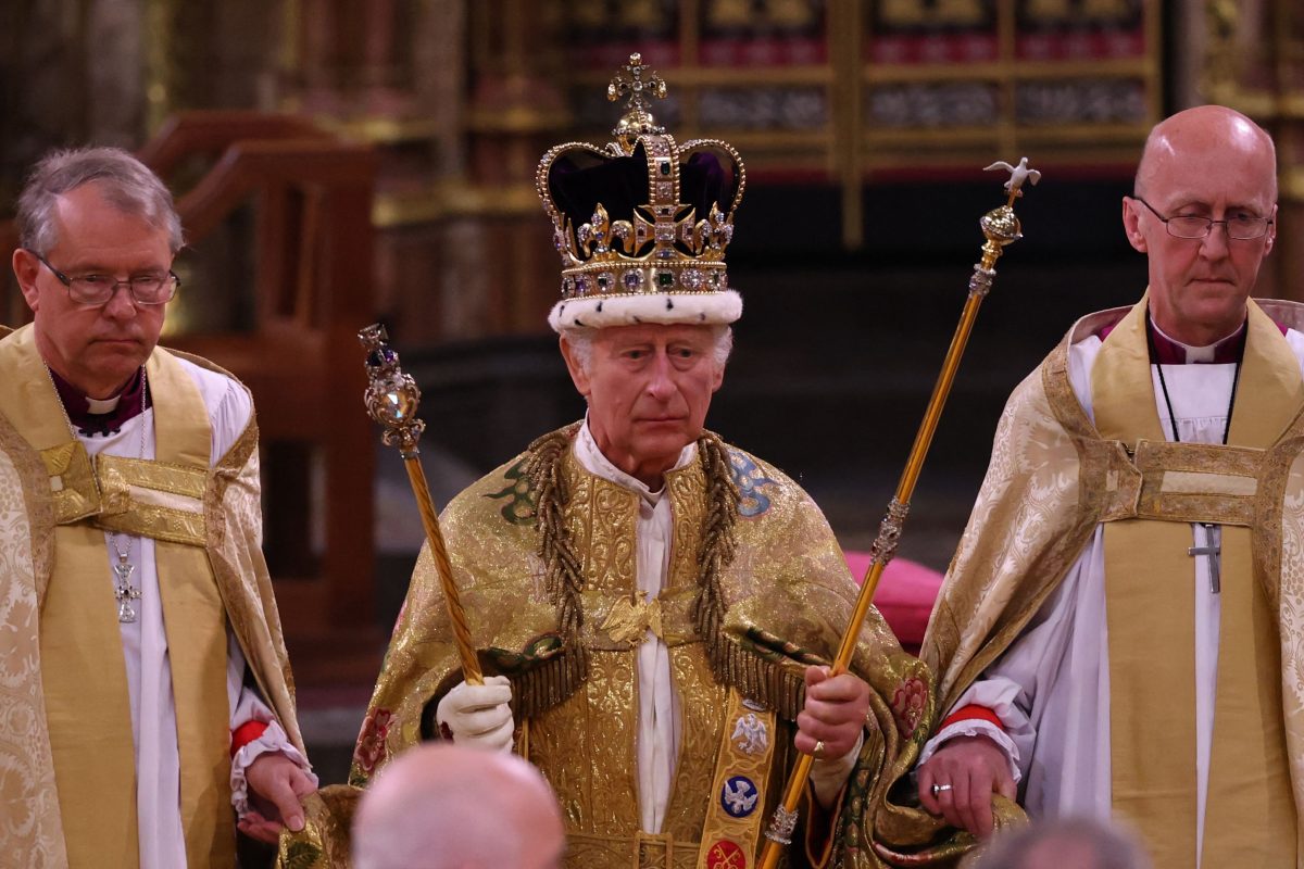 King Charles III is crowned with the St Edward’s Crown at the Coronation Ceremony inside Westminster Abbey in central London on May 6, 2023.