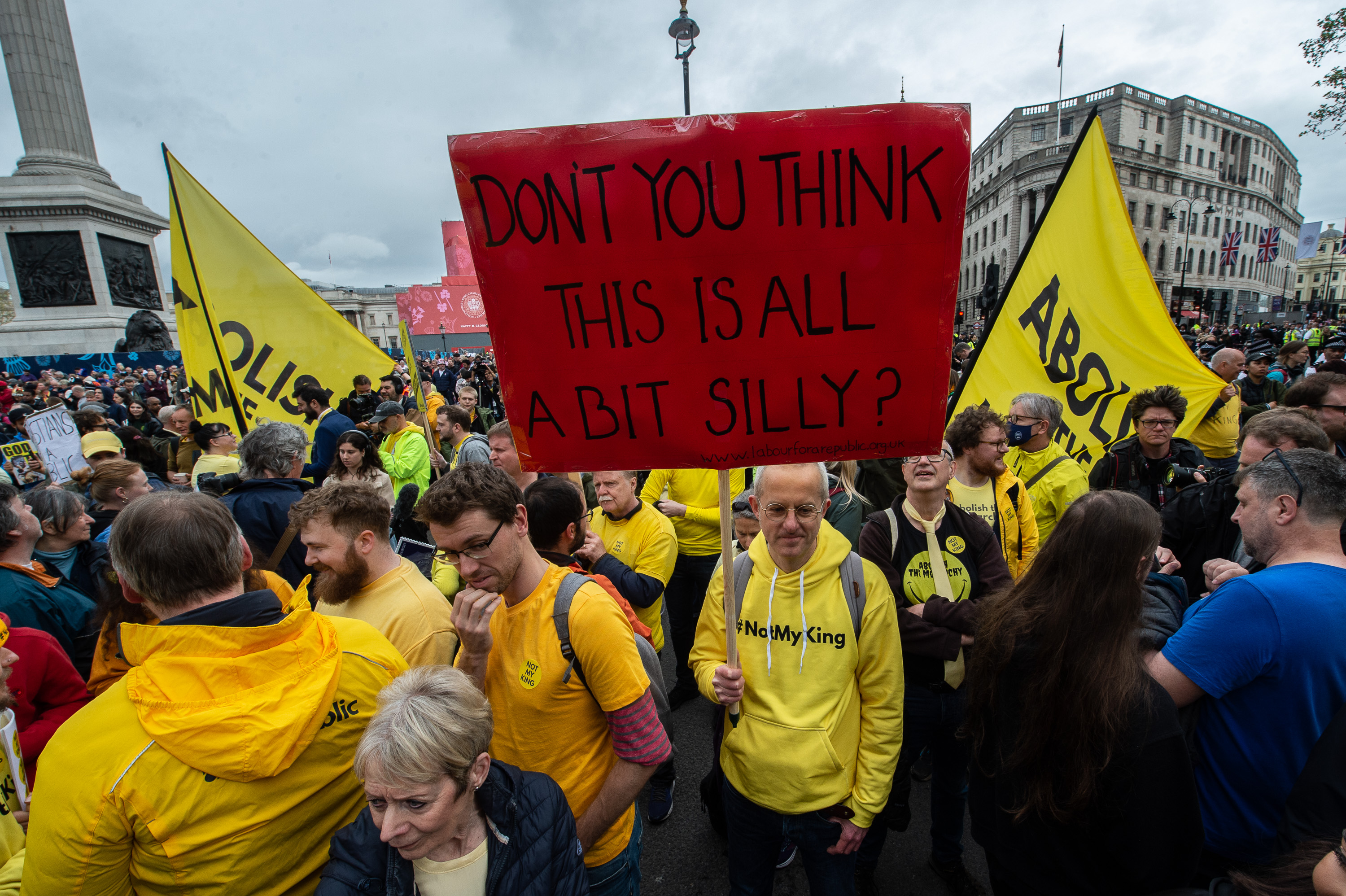 Supporters of the Republic pressure group protest against the coronation on the edge of Trafalgar Square at the top of Whitehall on May 6, 2023 in London, England.