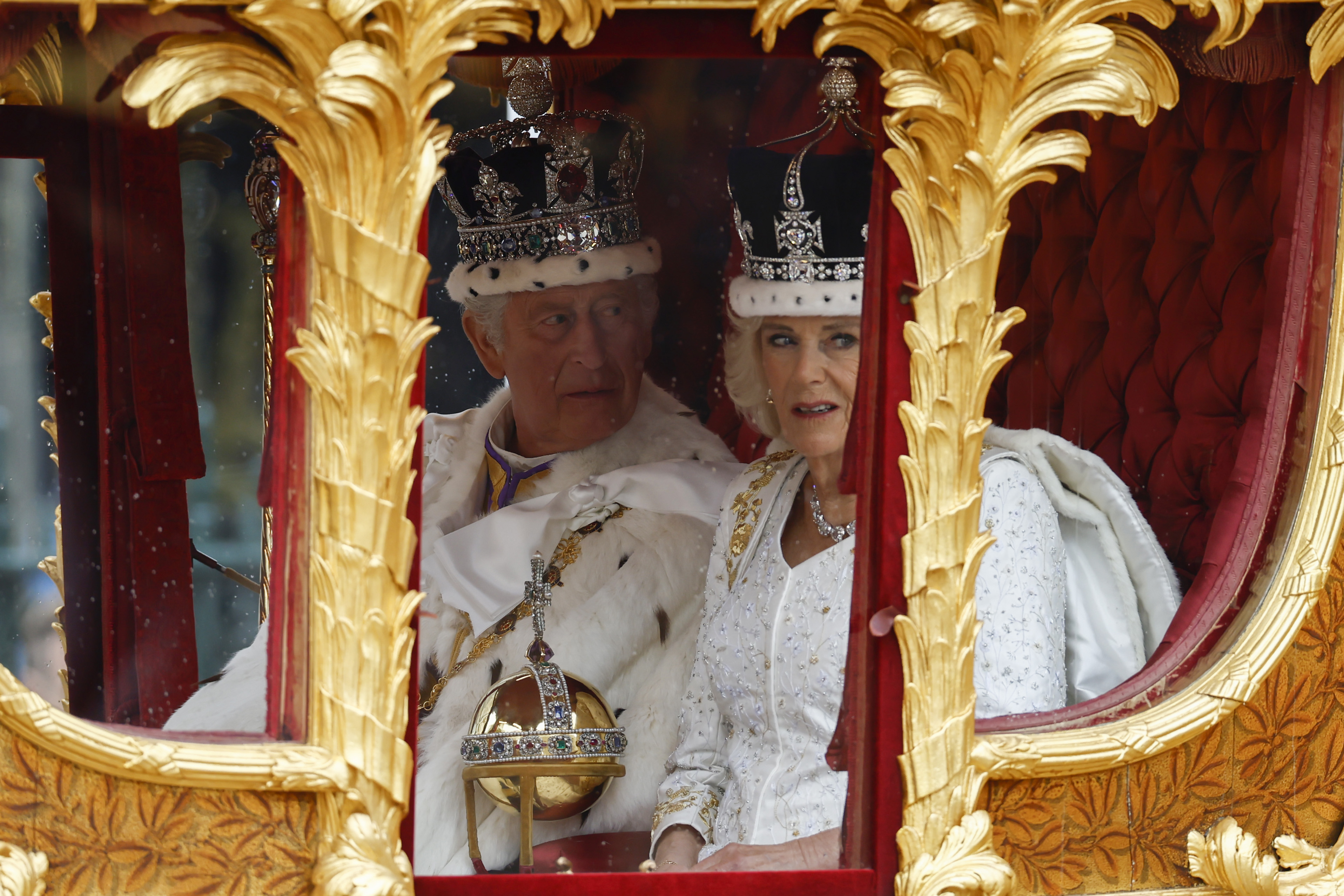 King Charles III and Queen Camilla sets off from Westminster Abbey on route to Buckingham Palace during their coronation, May 6, 2023 in London, England.