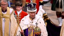 King Charles III departs the Coronation service at Westminster Abbey on May 6, 2023 in London, England.
