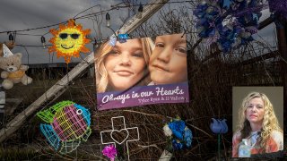 A banner with photos of Tylee Ryan and her brother J.J. Vallow is seen on a fence set up as a memorial near where their bodies were found on May 10, 2023 in Rexburg, Idaho. Lori Vallow Daybell (inset) faces charges of murder, conspiracy and grand theft in connection to the deaths of two of her children.