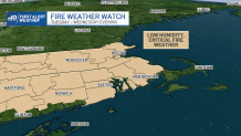 A map showing the fire weather watch across southern New England, including most of Massachusetts, Rhode Island and Connecticut, for Tuesday and Wednesday May 16-17, 2023.