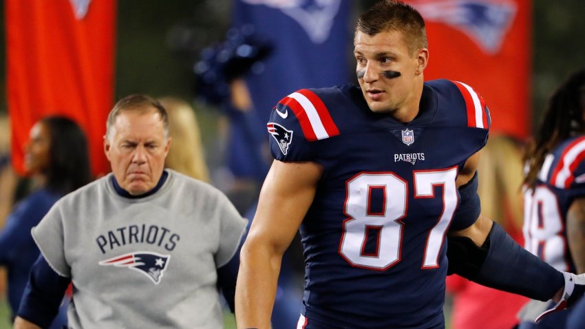 Patriots head coach Bill Belichick and tight end Rob Gronkowski