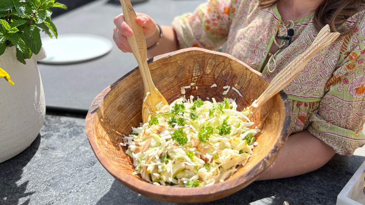Summer Green Cabbage Slaw with Apple, Fennel, Fresh Herbs and Almonds