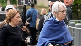 Jessica Leeds, right, arrives at federal court to testify as part of a lawsuit against former President Donald Trump in New York, May 2, 2023.