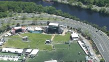 An aerial view of two of the Boston Calling stages before the music festival begins on Friday, May 26, 2023.