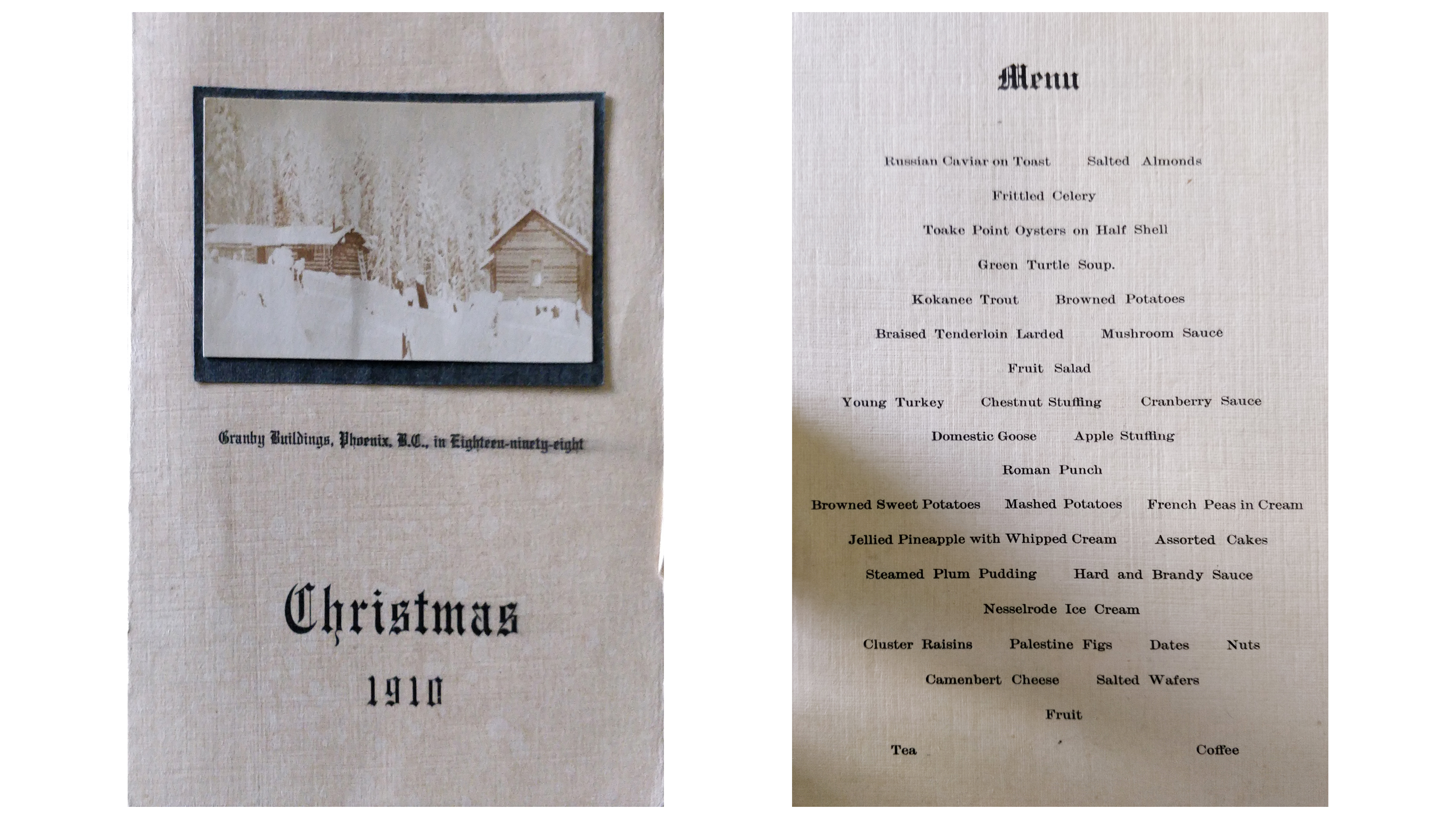 The 1910 Christmas menu at the Granby Hotel, Phoenix, British Columbia, Canada.