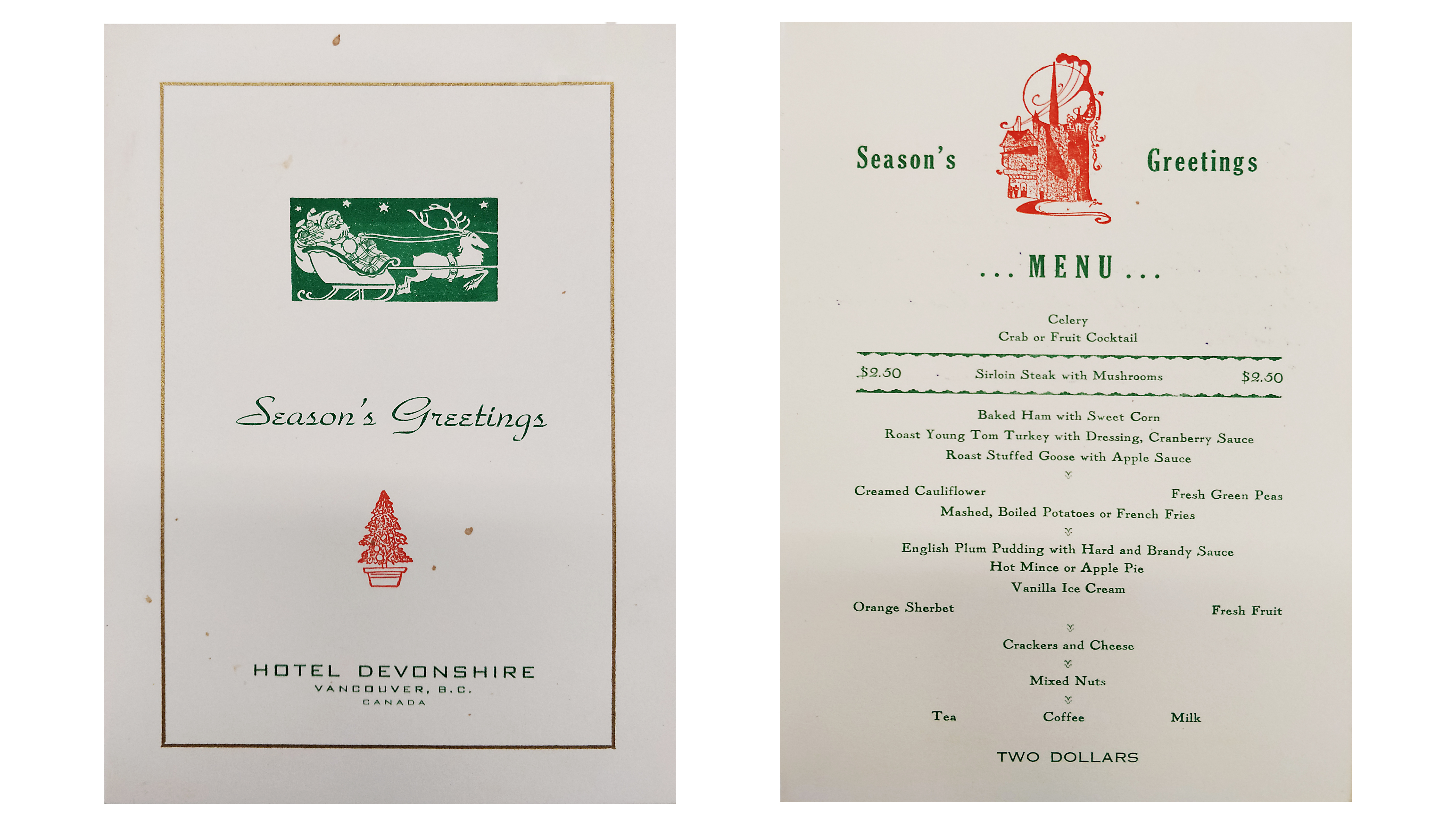 A holiday menu from Vancouver's Hotel Devonshire, 1950.