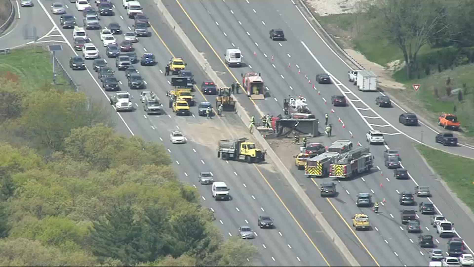 A crash involving a dump truck on I-95 in Lexington, Massachusetts, on Monday, May 8, 2023.