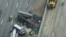 A crash involving a dump truck on I-95 in Lexington, Massachusetts, on Monday, May 8, 2023.