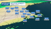 A map showing the relative humidity forecast for Tuesday, May 16, 2023 — under 40% in Massachusetts outside of the southeastern portion of the state.