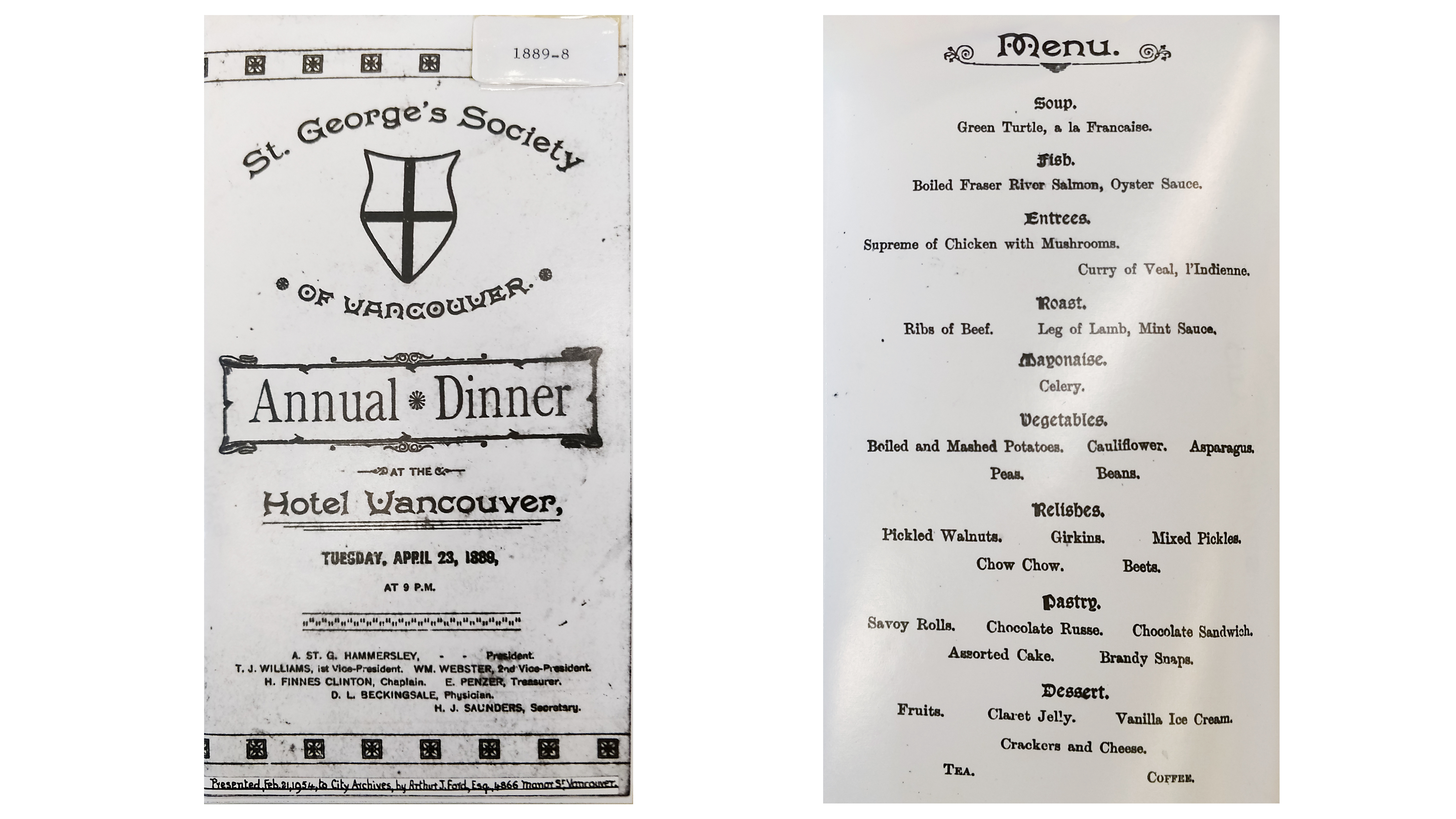 A menu from the St. George's Society of Vancouver annual dinner, hosted on April 23, 1886.