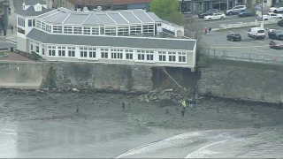 A damaged sea wall under a seaside restaurant in Swampscott, Massachusetts, on Thursday, May 4, 2023.