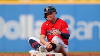 Cleveland Guardians right fielder Will Brennan (17) reacts after being thrown out attempting to steal second base during the second inning of the Major League Baseball game between the Chicago White Sox and Cleveland Guardians on May 22, 2023, at Progressive Field in Cleveland.