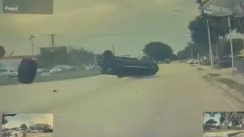 Dashcam footage from a Resla shows a police chase in Miami-Dade ending in a rollover crash.