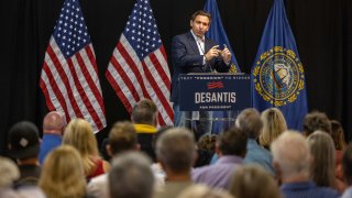 Republican presidential candidate Florida Gov. Ron DeSantis delivers remarks during his "Our Great American Comeback" Tour stop in Laconia, New Hampshire, on June 1, 2023.