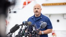 BOSTON, MASSACHUSETTS - JUNE 20: Capt. Jamie Frederick of the U.S. Coast Guard gives an update on the search efforts for five people aboard a missing submersible approximately 900 miles off Cape Cod, on June 20, 2023 in Boston, Massachusetts. The Coast Guard is racing to find a submersible with five passengers that went missing during a dive to the wreck of the Titanic.  (Photo by Scott Eisen/Getty Images)