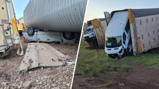 This image provided by the Coconino County Emergency Management shows vehicles damaged as a result of a freight train derailment, Wednesday, June 7, 2023 east of Williams, Ariz.