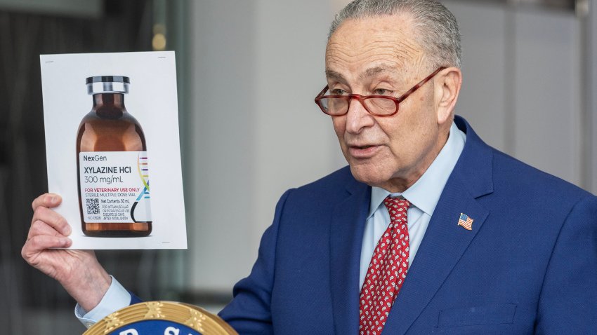 U. S. Senator Charles Schumer speaks while holding photo of bottle with drug Xylazine and mentions letter issued by Drug Enforcement Administration (DEA) alerting of threat as fentanyl is mixed with Xylazine during the briefing at 875 3rd Avenue lobby in Manhattan on drug Xylazine linked to overdose deaths.