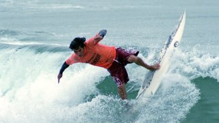 Mikala Jones of the US turns during the Panasonic Shockwave U.S. Open at the Huntington Pier on July 27, 2000, in Huntington Beach, Calif.