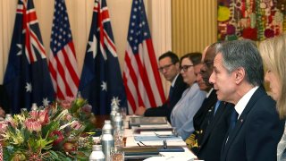 U.S. Secretary of State Antony Blinken talks to Australian Minister of Defense Richard Marles and Australian Foreign Minister Penny Wong