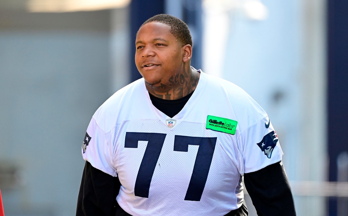 New England Patriots offensive lineman Trent Brown (77) stands on