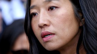 BOSTON,  MA – October 28:  Boston Mayor Michelle Wu speaks in support for the drivers license law outside Boston Police Department Headquarters on October 28, 2022 in Boston, Massachusetts.  (Photo by Matt Stone/MediaNews Group/Boston Herald via Getty Images)