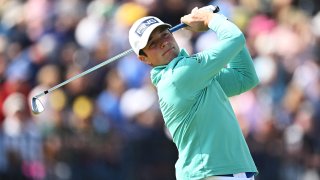 Viktor Hovland of Norway tees off on the fourth hole during Day 1 of The 151st Open at Royal Liverpool Golf Club on July 20, 2023 in Hoylake, England.