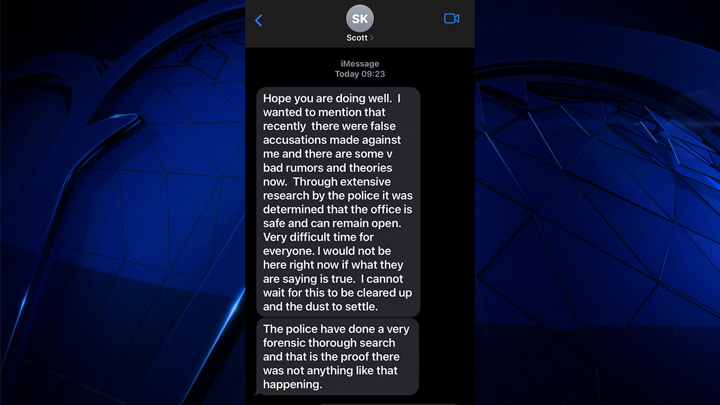 A text message from chiropractor Scott Kline sent after he was charged over a spy camera allegedly found in his Peabody practice's public restroom.