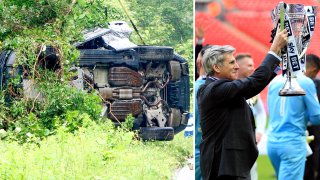 At left: An SUV that rolled over in Falmouth, Massachusetts, on Cape Cod, on Tuesday, July 4, killing its driver. The man was identified as Millwall FC owner John Berylson, of Wellesley Hills, Massachusetts, seen in 2017 at right.