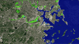 An animated .gif showing a projection of sea level rise in the Boston area.